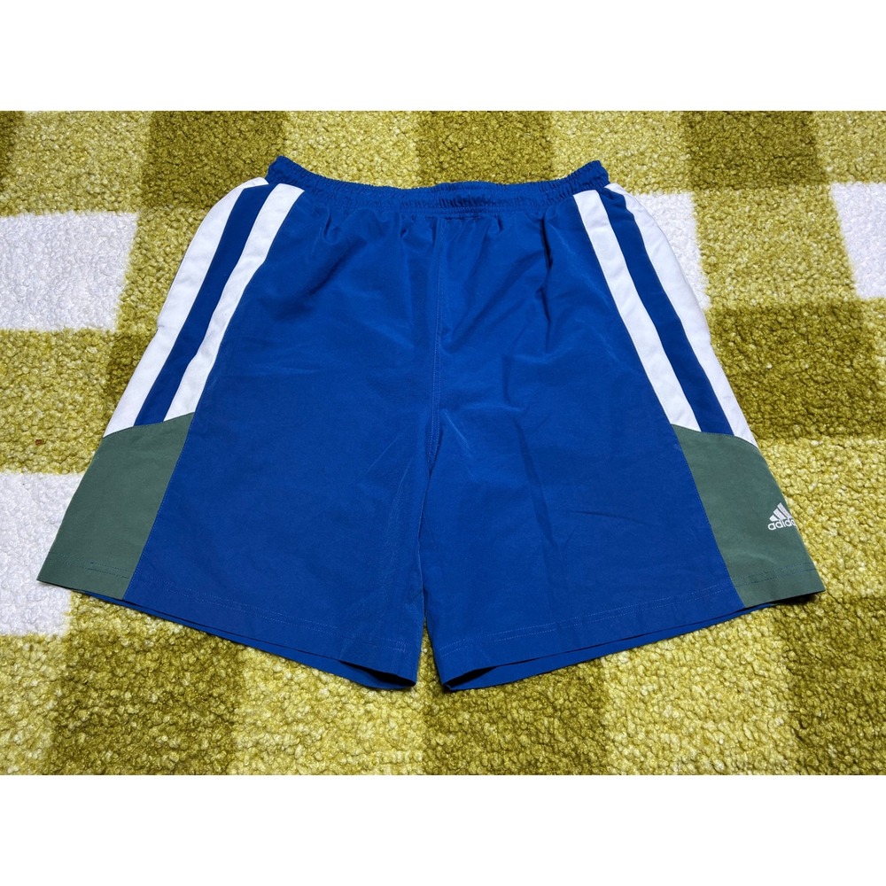 Adidas Mens Blue White Olive Green 3-Stripe Athletic Training Shorts Size M